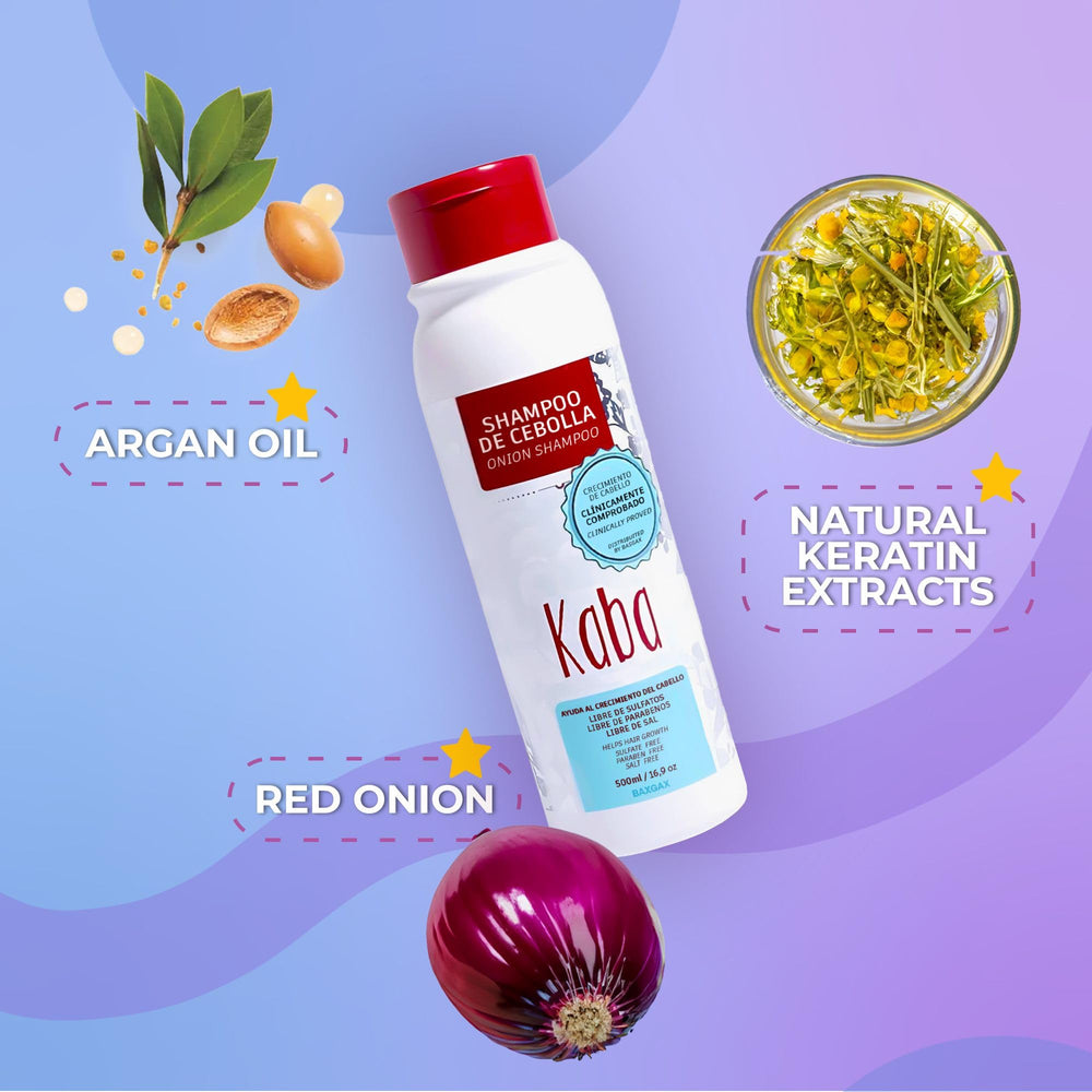 Kaba Onion Shampoo liquid being poured for cleansing.