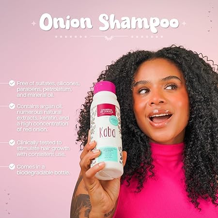 Kaba Onion Shampoo packaging close-up emphasizes eco-friendly, biodegradable materials.
