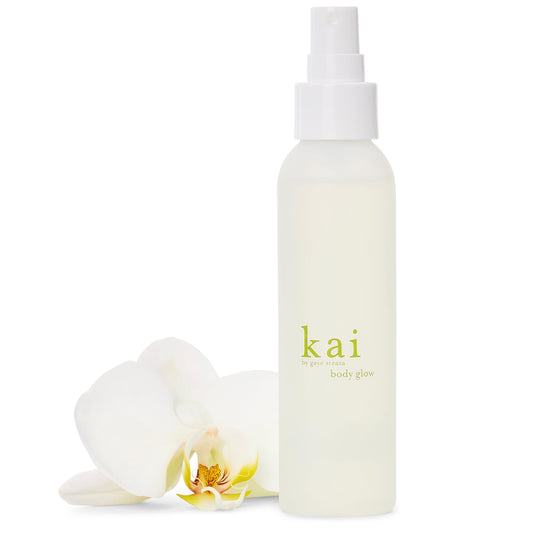 Kai Body Glow bottle close-up showing a lightweight dry oil for radiant hydration.