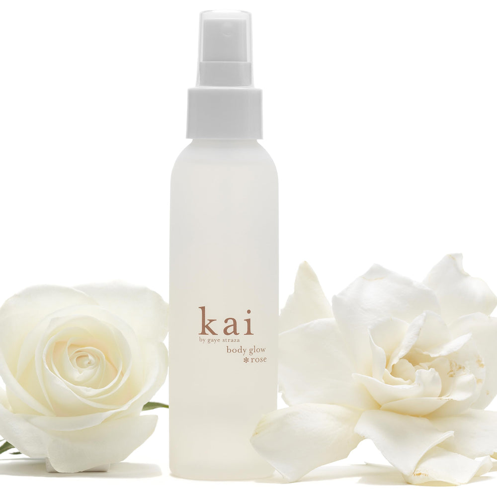 Kai Body Glow Rose bottle demonstrates quick-absorbing dry oil for radiant skin.