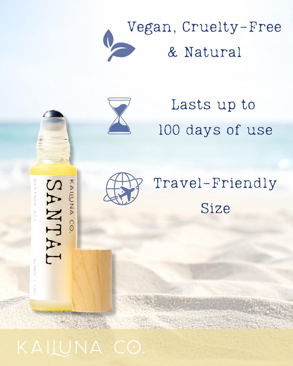 Kailuna Co Santal organic jojoba oil base provides skin-nourishing fragrance.