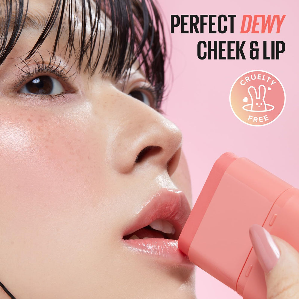 KAJA Dewy Bar demonstrates 2-in-1 blush and lip use.