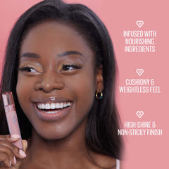 Kaja Gloss Shot Honey Drizzle shows pearlescent particles for luminous lips.