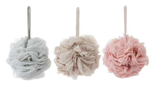 KAKOOI bath sponge trio in brown, gray, pink for gentle exfoliation.
