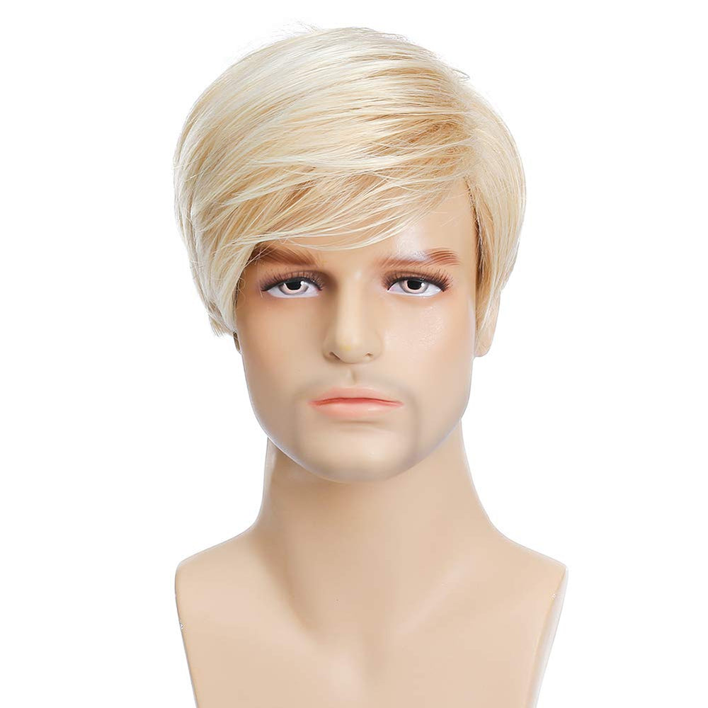 Kaneles men's blonde wig side view highlighting soft texture for costumes.