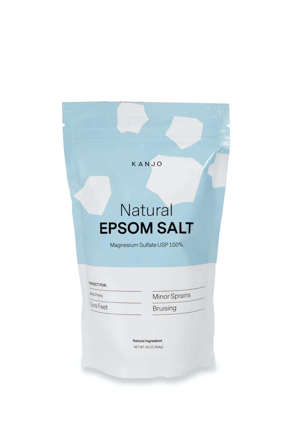 Kanjo Epsom salt USP-grade in a 16oz bag for muscle recovery.