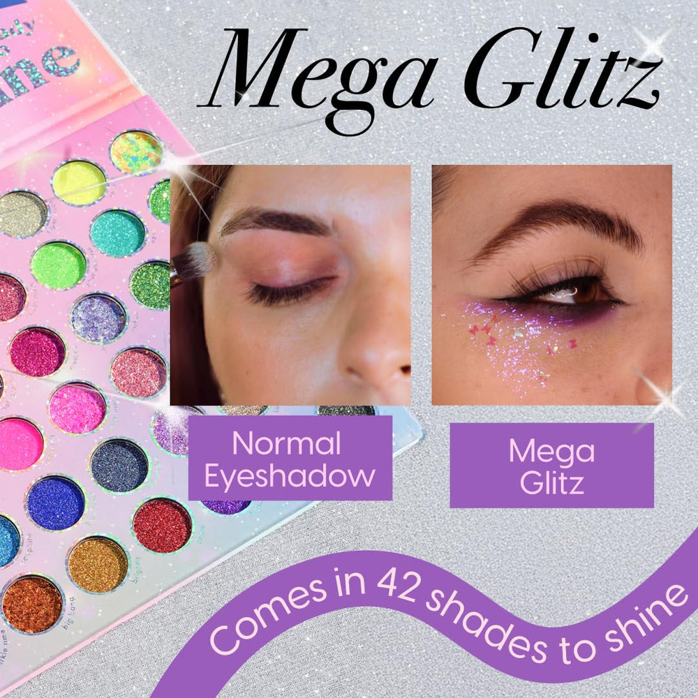 Kara Beauty Mega Glitz open palette close-up shows fine and chunky glitter textures.