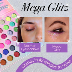 Kara Beauty Mega Glitz open palette close-up shows fine and chunky glitter textures.