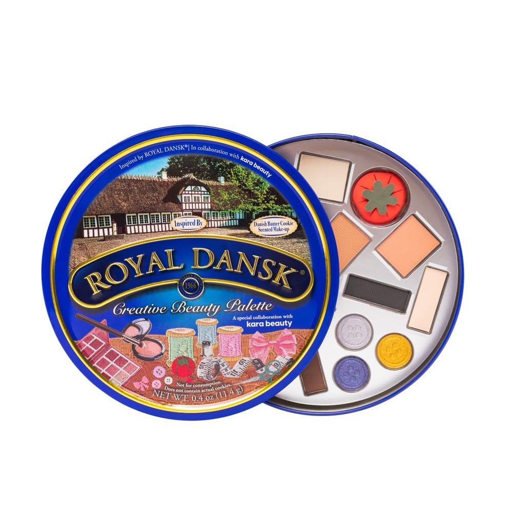 Kara Beauty Royal Dansk palette in a cookie tin opens, revealing versatile 14-shade arrangement