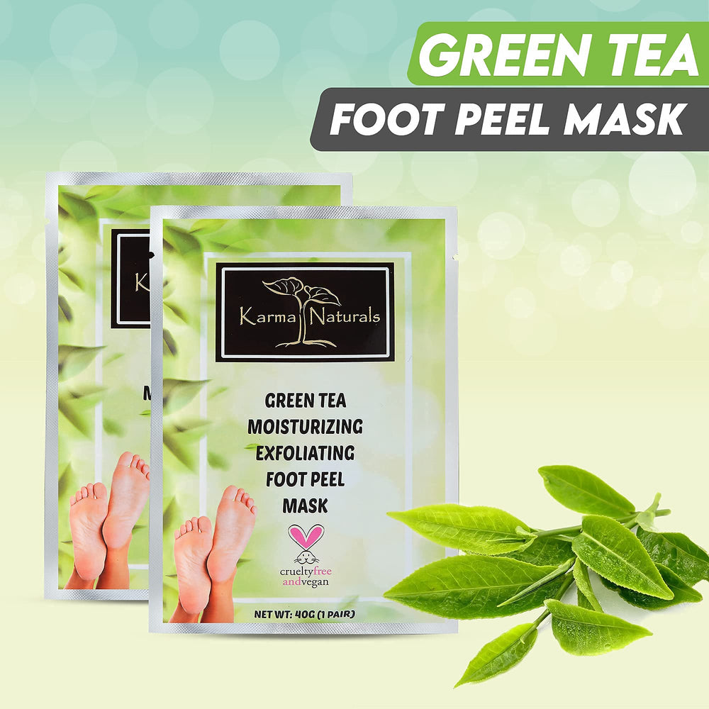 Karma Organic Foot Peel Mask worn on feet for exfoliation.
