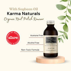 Karma Organic Nail Polish Remover ingredients panel shows soybean oil