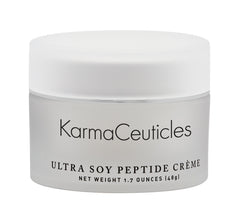 KarmaCeuticles Ultra Soy Peptide Crème jar provides hydrating moisture for dry skin.