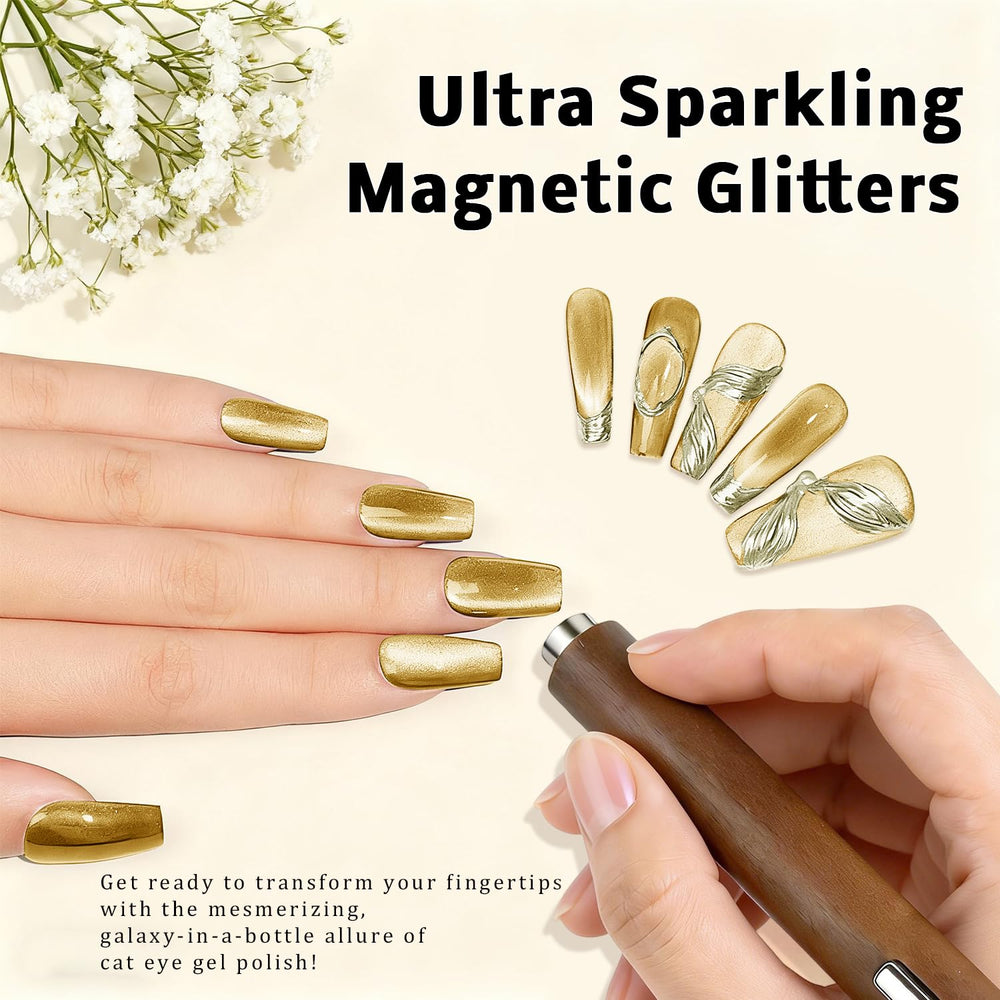 Close-up of holographic shimmer finish on Karroy Cat Eye gel nails.
