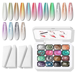 Karroy Glitter Pat Gel Nail Palette with 16 colors for seamless ombre gradients.