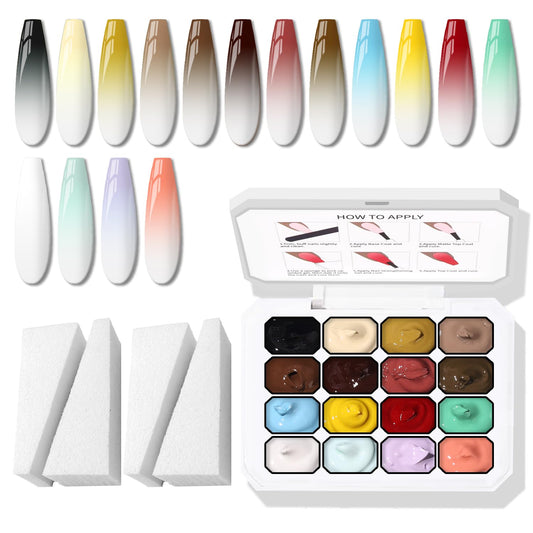 Karroy sponges pat gel nail palette for seamless ombre blending.