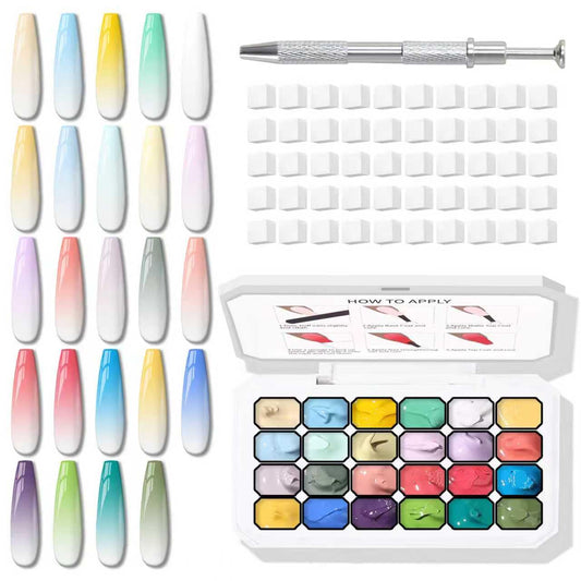 Karroy Sponges Pat Gel Nail Polish Palette with 24 colors for quick ombre nails.