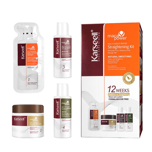 Karseell Maca essence packaging and keratin bottle for at-home straightening.
