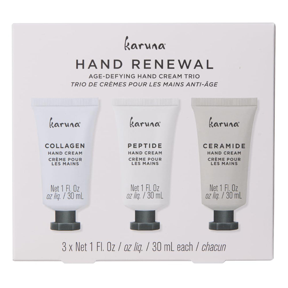 Karuna age-defying hand cream trio packaging for gifting and on-the-go hydration.