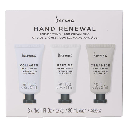 Karuna age-defying hand cream trio packaging for gifting and on-the-go hydration.