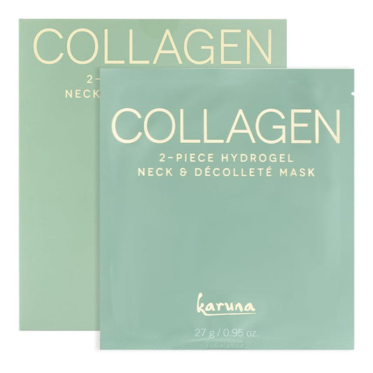 Karuna collagen neck-chest hydrogel mask close-up showing hydration.