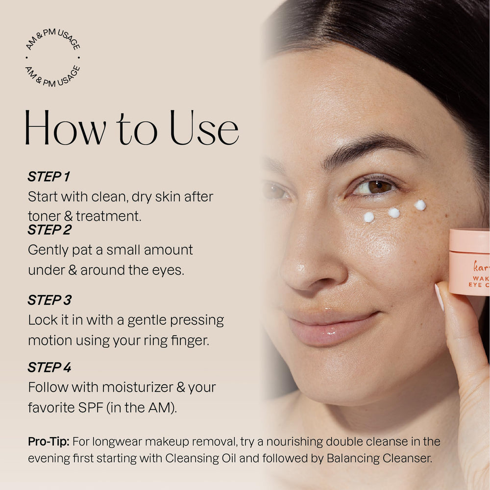 Karuna eye cream for day and night use, suitable under makeup.