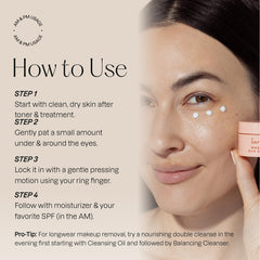 Karuna eye cream for day and night use, suitable under makeup.