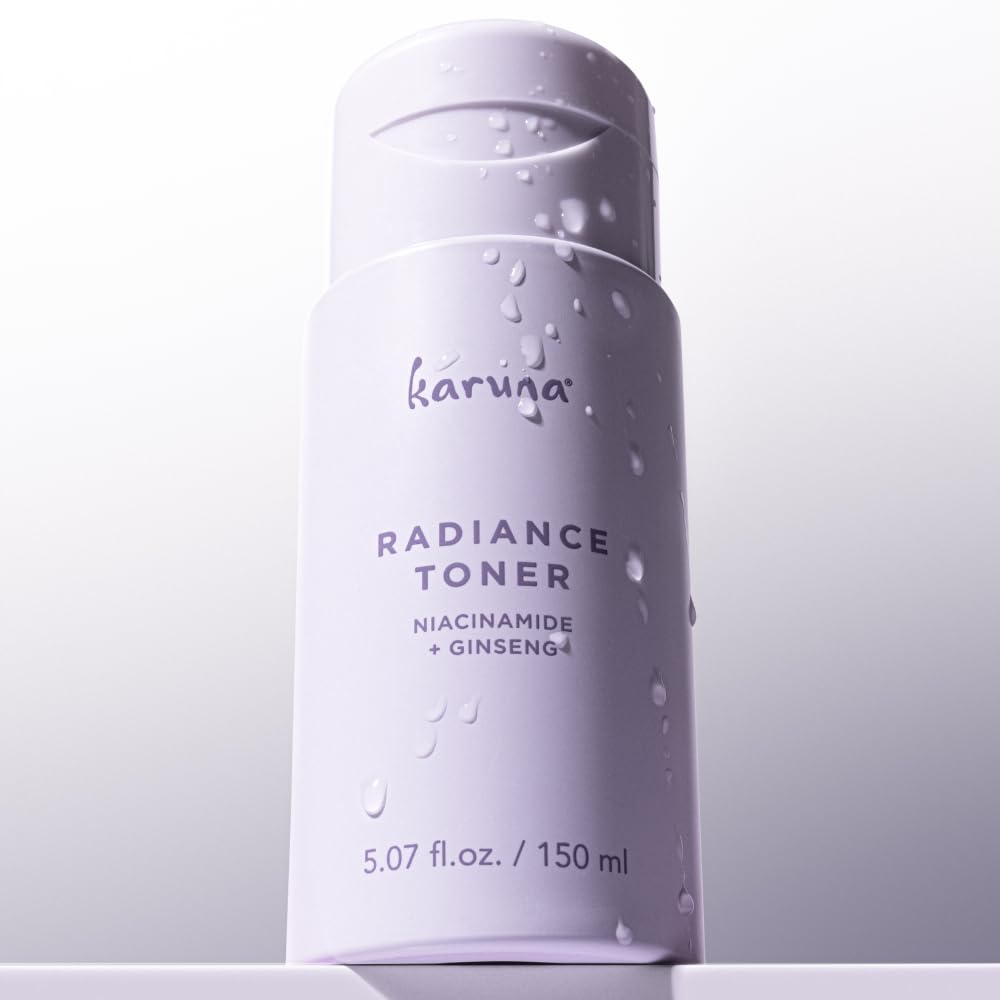 Soft glow on Karuna Hydrating Face Toner bottle highlighting premium skincare.