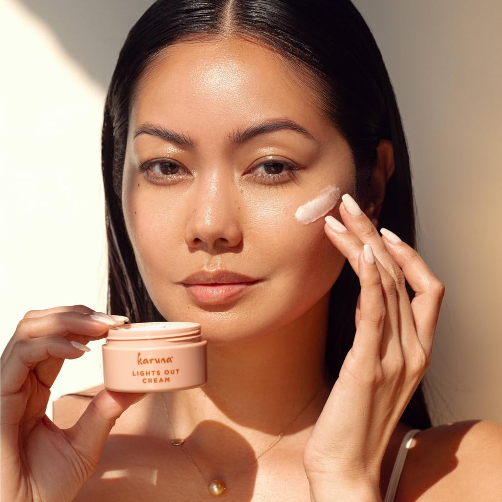Karuna Lights Out Cream packaging emphasizing clean, parabens-free night skincare.