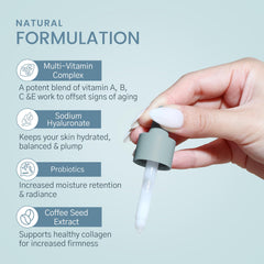 Karuna Skin serum texture swirl reveals lightweight, smoothing formula for under makeup.