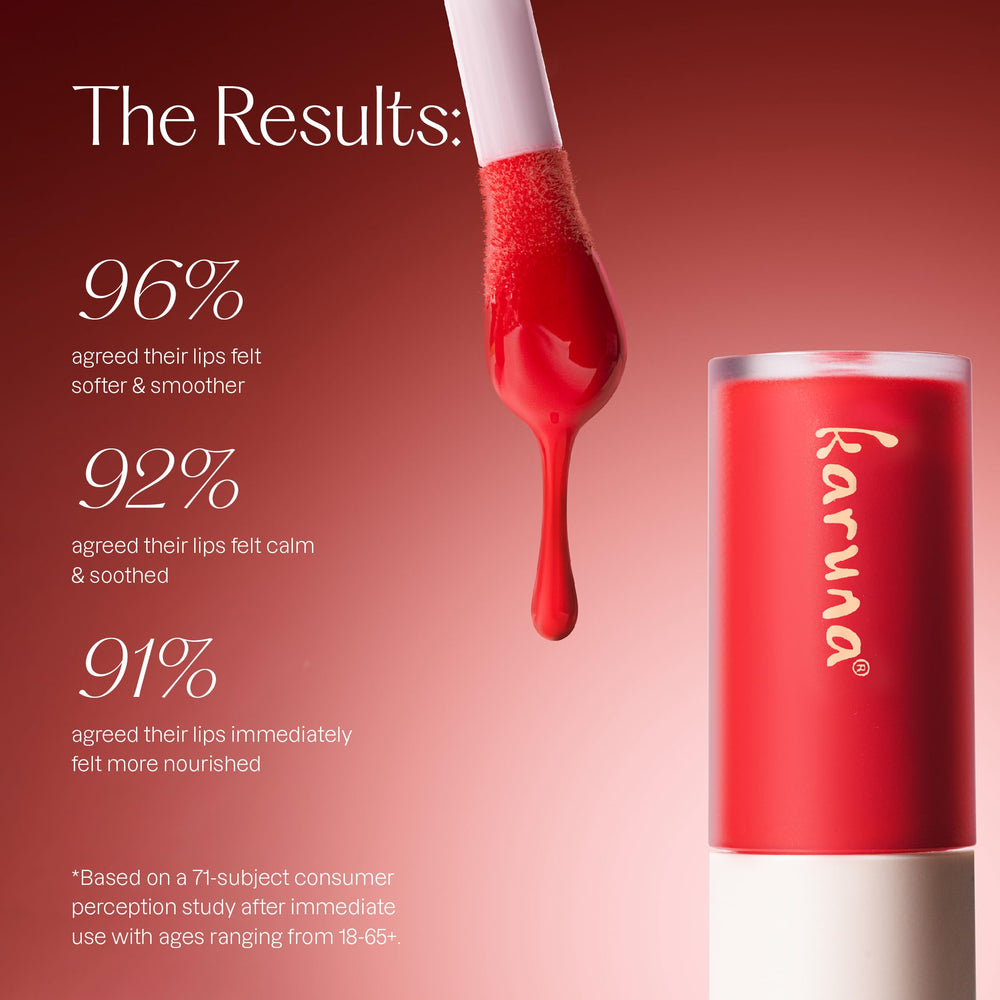 Karuna Skin Tinted Lip Oil glossy finish on lips for subtle color.