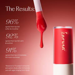 Karuna Skin Tinted Lip Oil glossy finish on lips for subtle color.