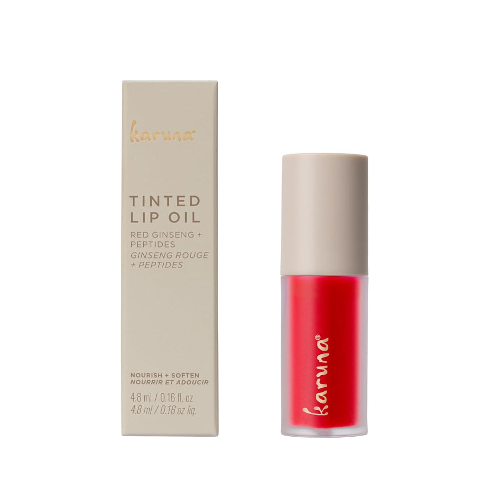 Karuna Skin Tinted Lip Oil swatches on lips for color and hydration.