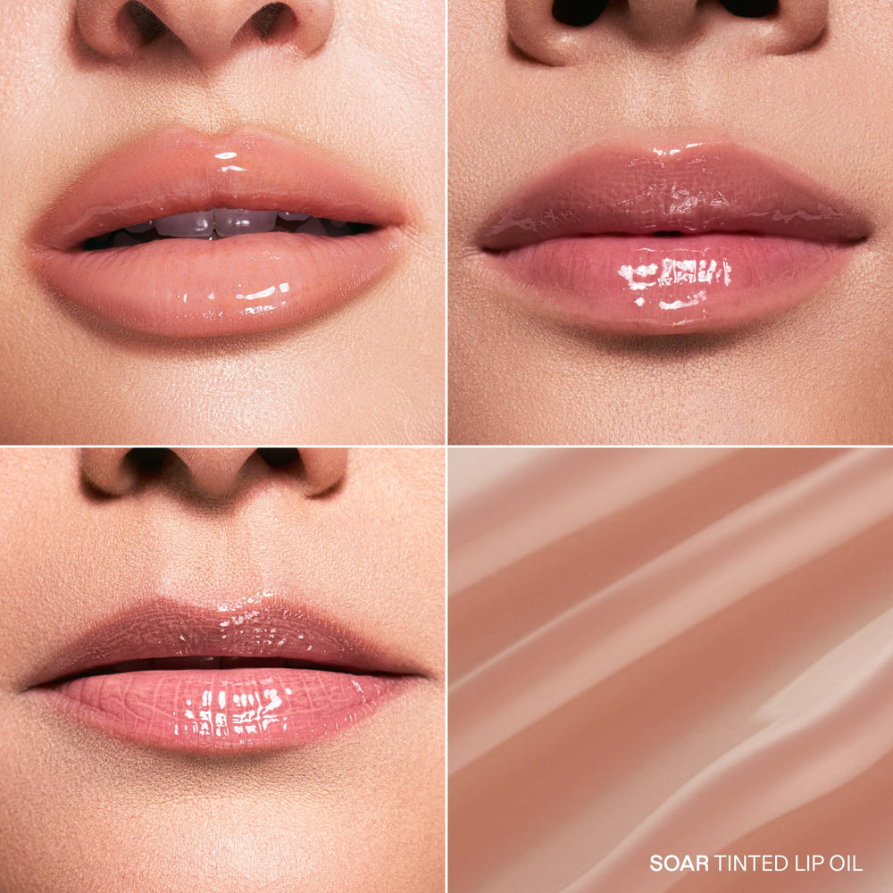 Karuna Soar tinted lip oil on lips for natural shade.