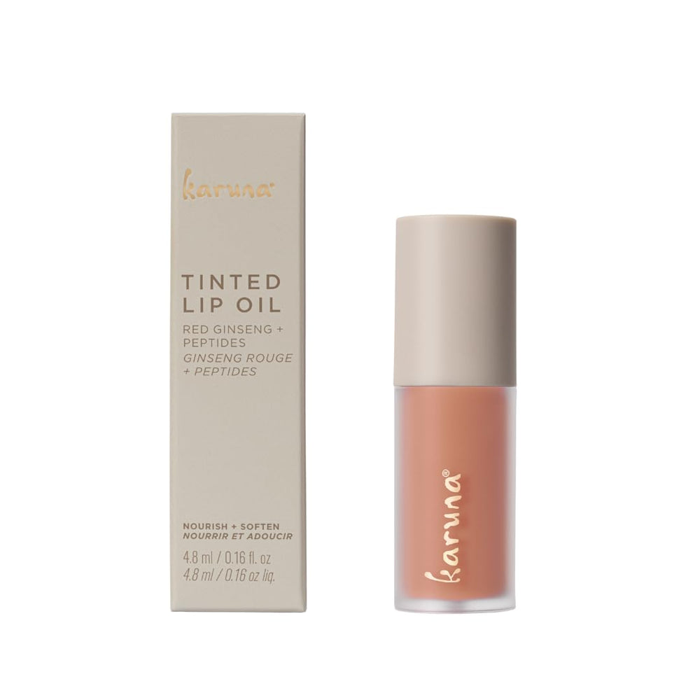 Karuna Soar lip oil swirl demonstrates color payoff with lightweight comfort.