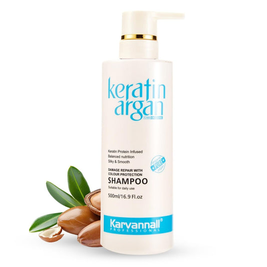 Karvannall Keratin Shampoo bottle pour shows color-safe formula for vibrant shade retention