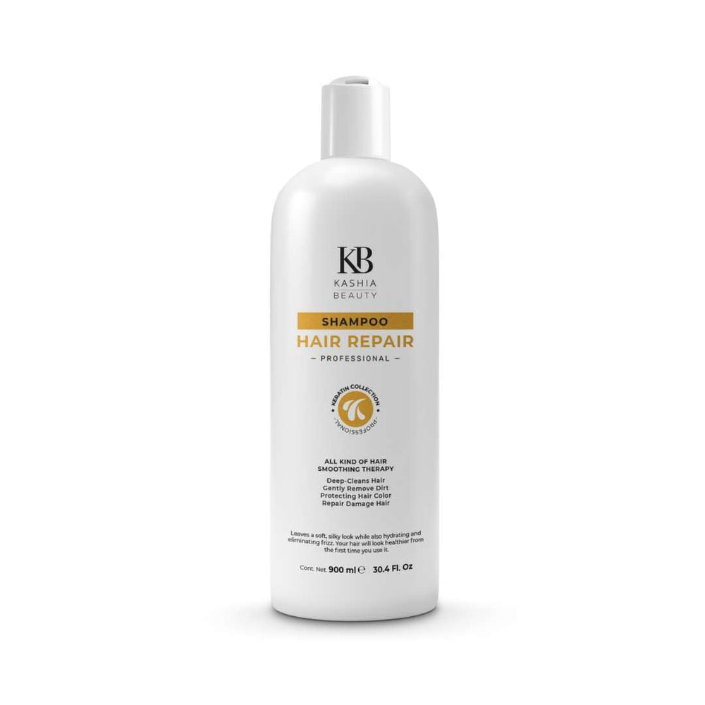 Kashia Beauty Keratin Hair Repair Shampoo bottle pour for smooth nourishment from roots to ends.