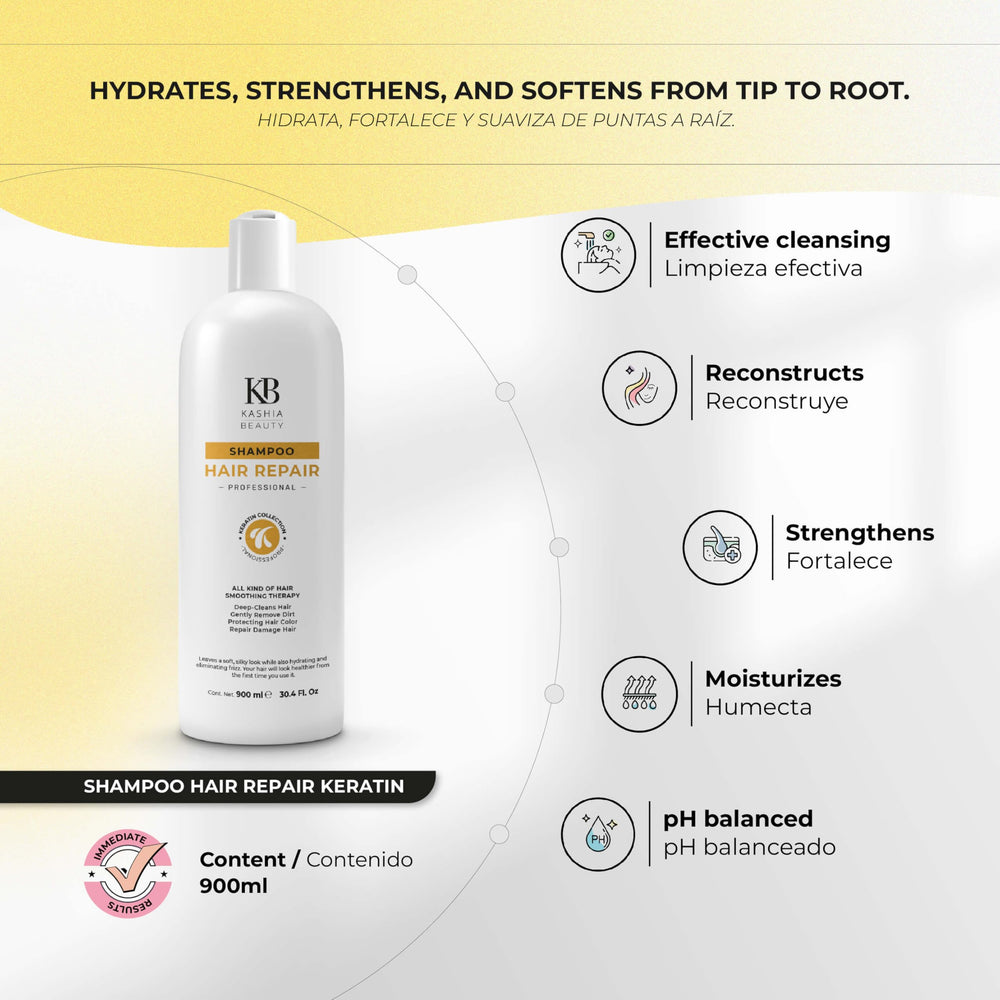 Kashia Beauty Keratin Hair Repair Shampoo label close-up showing sulfate-free formula.