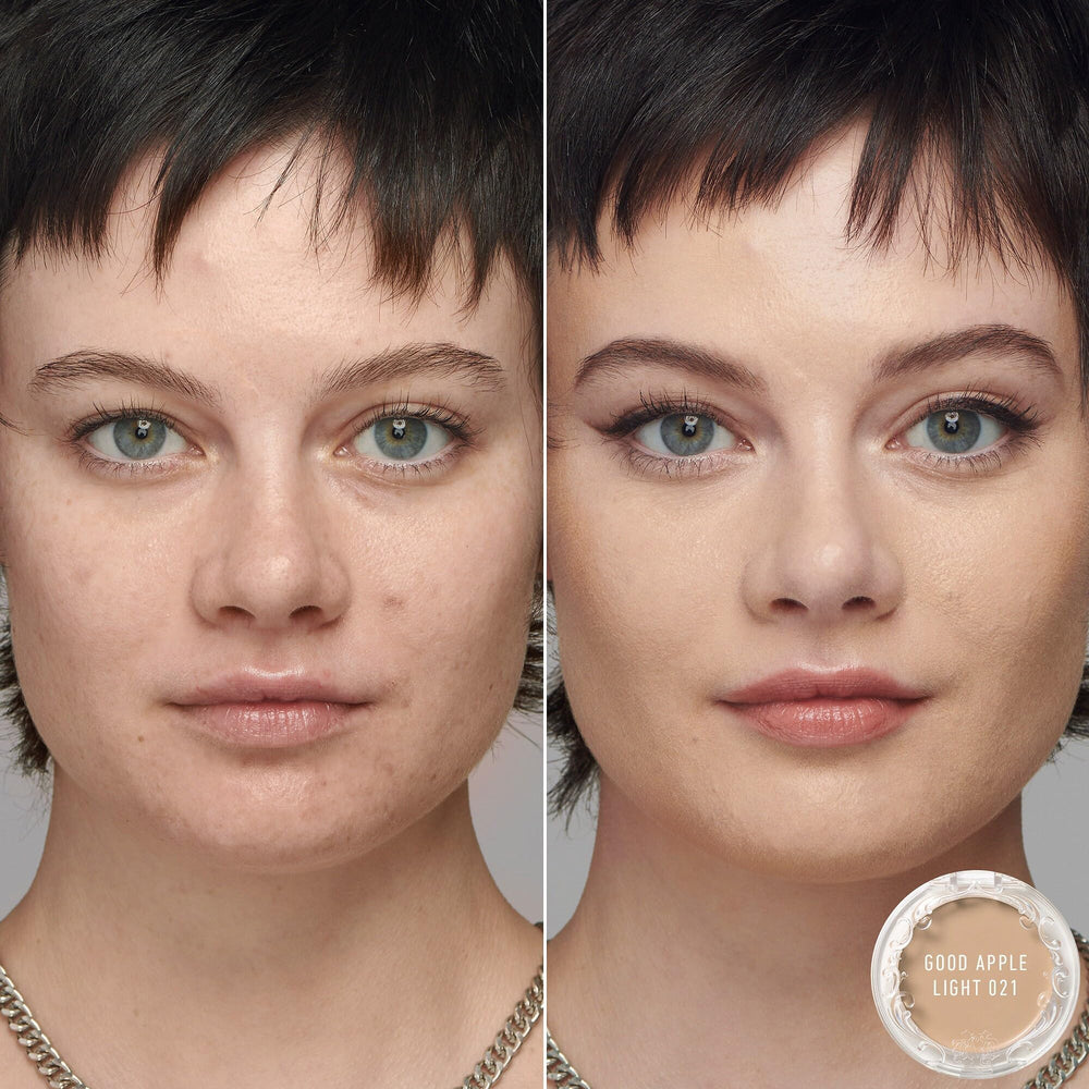 Kat Von D Good Apple foundation balm swatch on arm demonstrates full-coverage yet breathable finish.