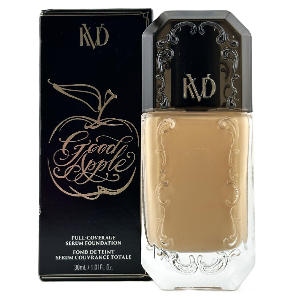 Kat Von D Good Apple foundation bottle closeup showing vegan, full coverage look
