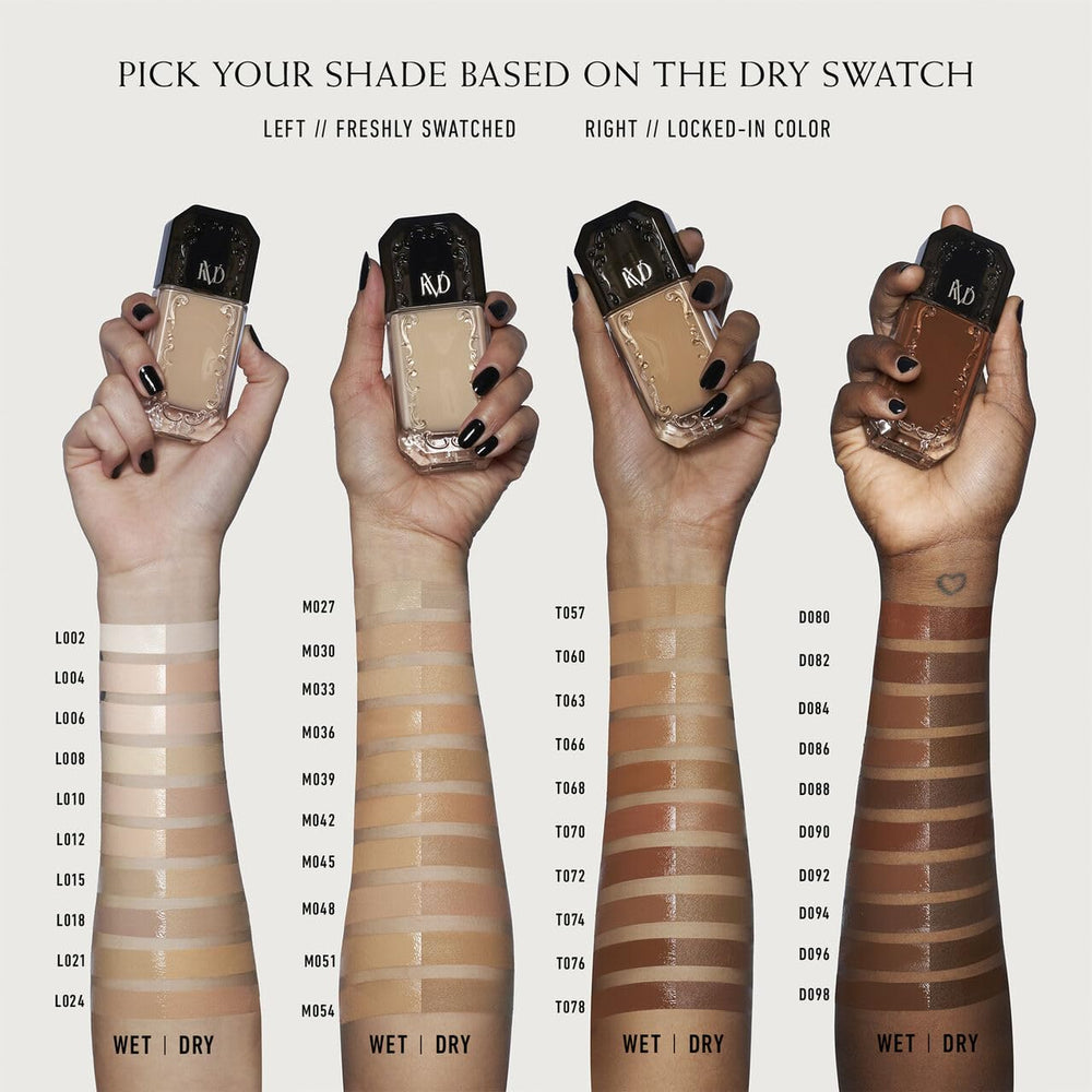 Kat Von D Good Apple Deep 084 skin-finish close-up highlights pore-blurring and shine control.