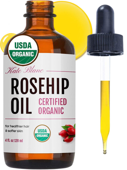 Kate Blanc Rosehip Oil bottle glowing, signaling hydration.