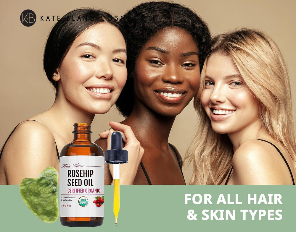 Kate Blanc Rosehip Oil used as pre-wash hair oil for silky shine.