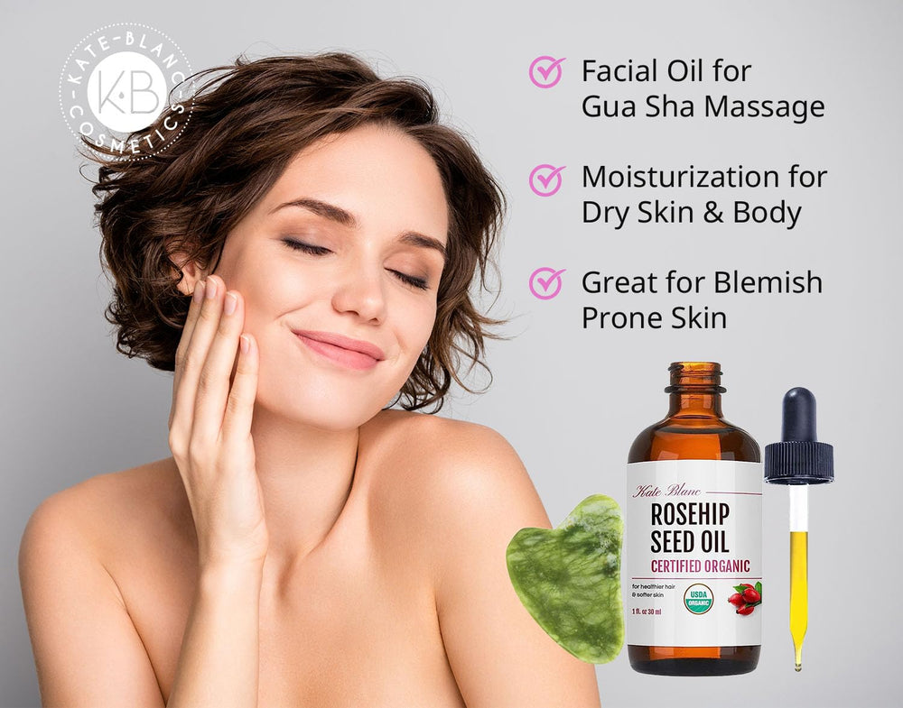 Kate Blanc Rosehip Oil bottle close-up highlighting natural nourishment and hydration.