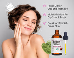 Kate Blanc Rosehip Oil bottle close-up highlighting natural nourishment and hydration.