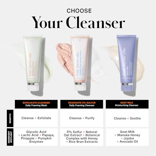 Porcelain complexion with Exfolikate Cleanser in a washstand shot.