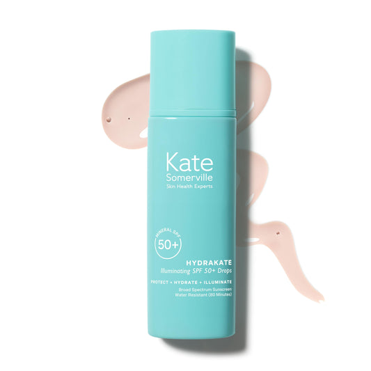 Kate Somerville HydraKate Illuminating Sunscreen Drops bottle close-up shows mineral tint and glow