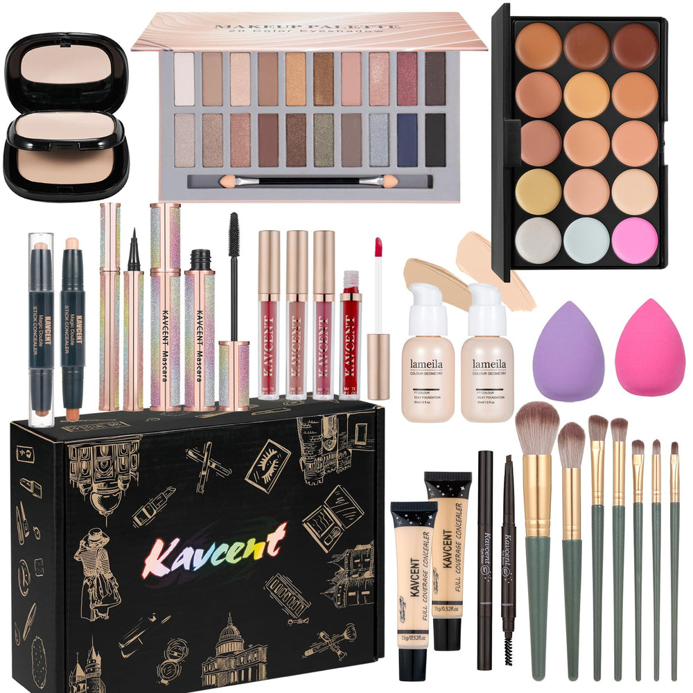 KAVCENT makeup set with eyeshadow palette, vibrant colors for versatile day-to-night looks.