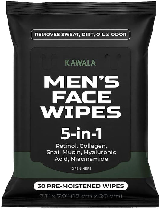 Kawala Men’s Face Wipes pack front for quick cleansing on the go.