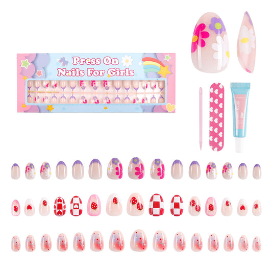 Kawyehu strawberry-pattern nails kit with 90 tips for kids, easy party styling.