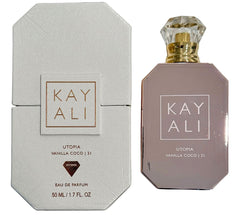 Kayali Utopia Vanilla Coco bottle with blush-gold detailing, ideal for uplifting daily wear.